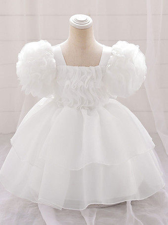 ホワイト ホワイトフラワーガールドレス 特別な日のドレス ライトピンクチュール 半袖 スクエアネック フラワーガールドレス