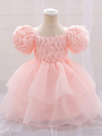 ホワイトフラワーガールドレス 特別な日のドレス ライトピンクチュール 半袖 スクエアネック フラワーガールドレス