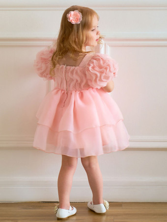 ホワイトフラワーガールドレス 特別な日のドレス ライトピンクチュール 半袖 スクエアネック フラワーガールドレス