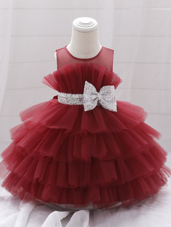 ワインレッド ホワイトフラワーガールドレス カメオピンクチュール ノースリーブ ジュエルネック フラワーガールドレス