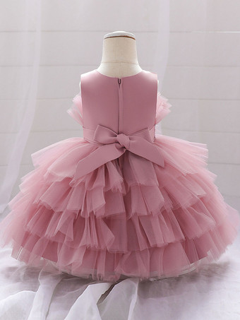 ホワイトフラワーガールドレス カメオピンクチュール ノースリーブ ジュエルネック フラワーガールドレス