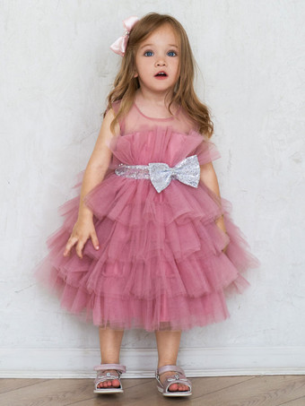 ホワイトフラワーガールドレス カメオピンクチュール ノースリーブ ジュエルネック フラワーガールドレス