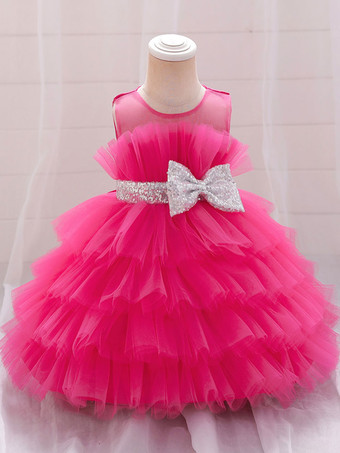 ローズレッドホワイトフラワーガールドレス カメオピンクチュール ノースリーブ ジュエルネック フラワーガールドレス