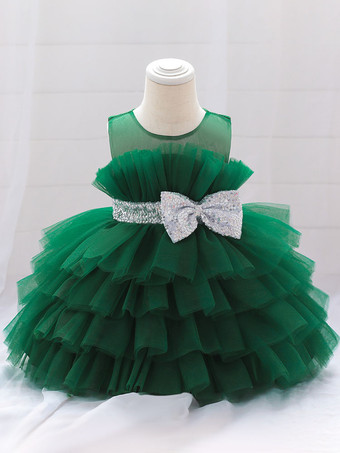 ダークグリーンホワイトフラワーガールドレス カメオピンクチュール ノースリーブ ジュエルネック フラワーガールドレス