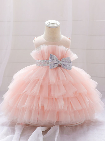 ライトピンクホワイトフラワーガールドレス カメオピンクチュール ノースリーブ ジュエルネック フラワーガールドレス