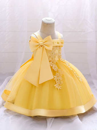 イエローホワイトフラワーガールドレス ソフトピンクチュール ノースリーブ スクエアネック フラワーガールドレス