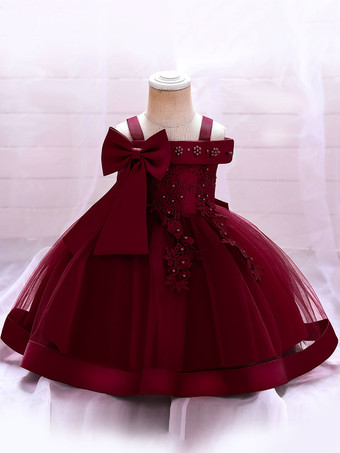 ワインレッド ホワイトフラワーガールドレス ソフトピンクチュール ノースリーブ スクエアネック フラワーガールドレス