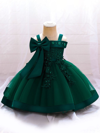 グリーン ホワイトフラワーガールドレス ソフトピンクチュール ノースリーブ スクエアネック フラワーガールドレス