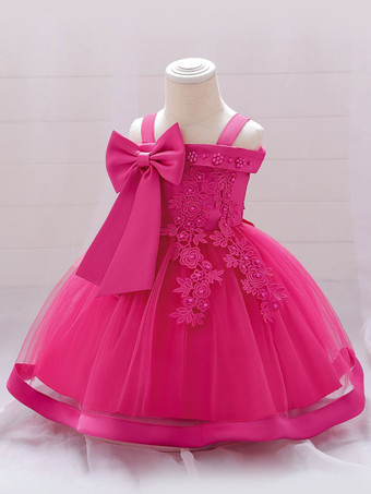 ローズレッドホワイトフラワーガールドレス ソフトピンクチュール ノースリーブ スクエアネック フラワーガールドレス