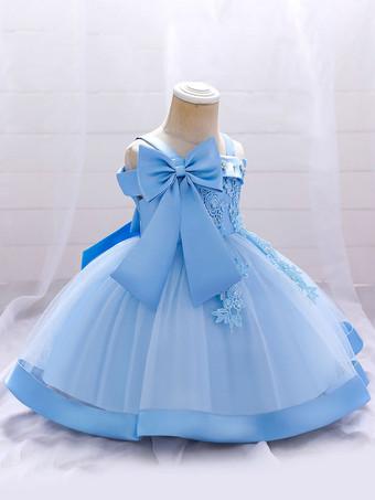 ベビーブルーホワイトフラワーガールドレス ソフトピンクチュール ノースリーブ スクエアネック フラワーガールドレス