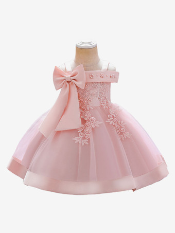 ホワイトフラワーガールドレス ソフトピンクチュール ノースリーブ スクエアネック フラワーガールドレス