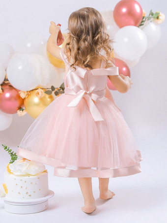 ホワイトフラワーガールドレス ソフトピンクチュール ノースリーブ スクエアネック フラワーガールドレス