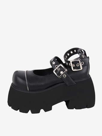ブラック ゴシックロリータフットウェアブラックメタリックグロメットラウンドトゥPUレザーロリータシューズ