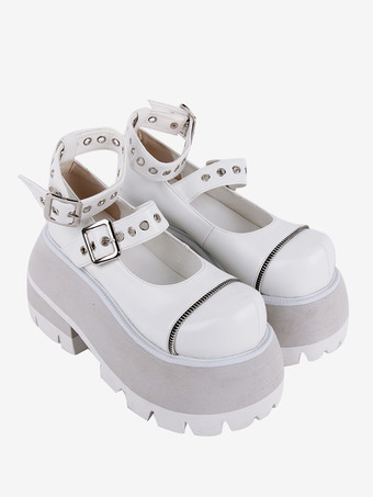 ホワイト ゴシックロリータフットウェアブラックメタリックグロメットラウンドトゥPUレザーロリータシューズ