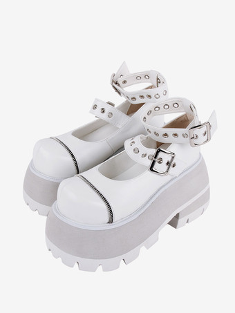 ゴシックロリータフットウェアブラックメタリックグロメットラウンドトゥPUレザーロリータシューズ