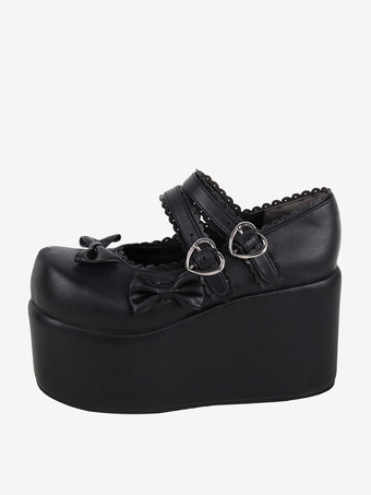 ブラック スイートロリータフットウェア ホワイトリボン ラウンドトゥ PUレザー ロリータパンプス