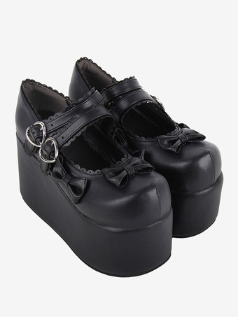 スイートロリータフットウェア ホワイトリボン ラウンドトゥ PUレザー ロリータパンプス