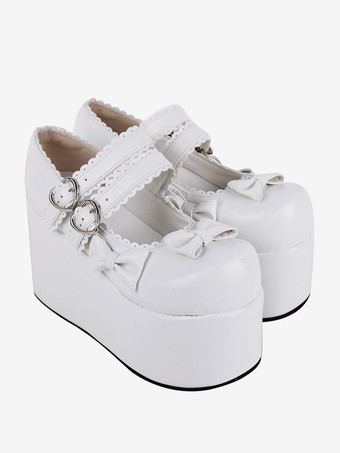 ホワイト スイートロリータフットウェア ホワイトリボン ラウンドトゥ PUレザー ロリータパンプス