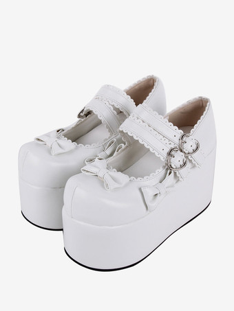 スイートロリータフットウェア ホワイトリボン ラウンドトゥ PUレザー ロリータパンプス