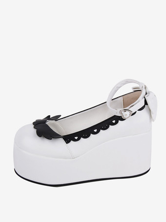 ホワイト スイートロリータフットウェア ホワイト ツートン バタフライ ラウンドトゥ PU レザー ロリータ パンプス