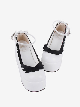 スイートロリータフットウェア ホワイト ツートン バタフライ ラウンドトゥ PU レザー ロリータ パンプス