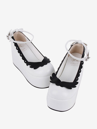 スイートロリータフットウェア ホワイト ツートン バタフライ ラウンドトゥ PU レザー ロリータ パンプス