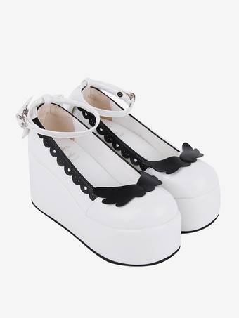 スイートロリータフットウェア ホワイト ツートン バタフライ ラウンドトゥ PU レザー ロリータ パンプス