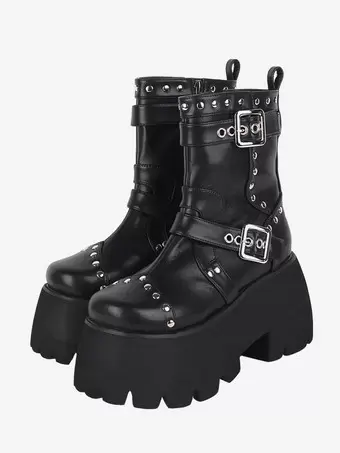 Gothic Lolita Boots Black Grommets Metallic Round Toe PU Leather Lolita Footwear