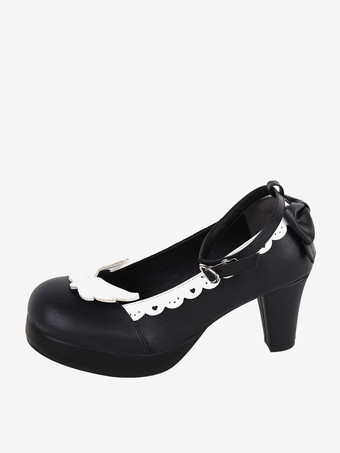 スイートロリータフットウェア ホワイトリボン PUレザー チャンキーヒール ロリータパンプス