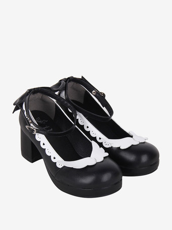 ブラック スイートロリータフットウェア ホワイトリボン PUレザー チャンキーヒール ロリータパンプス