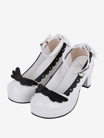 ホワイト スイートロリータフットウェア ホワイトリボン PUレザー チャンキーヒール ロリータパンプス
