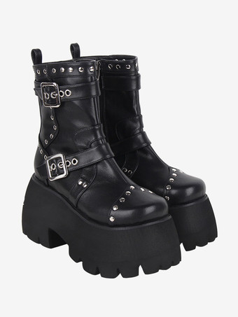 ゴシック ロリータ ブーツ ブラック グロメット メタリック ラウンドトゥ PU レザー ロリータ フットウェア