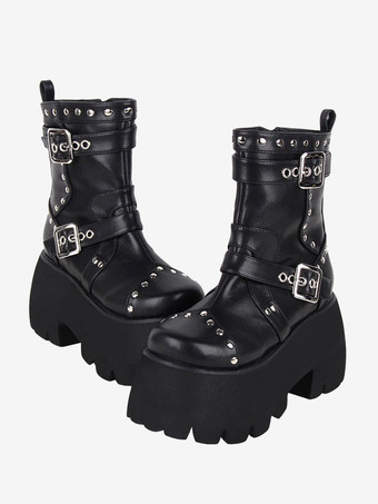 ゴシック ロリータ ブーツ ブラック グロメット メタリック ラウンドトゥ PU レザー ロリータ フットウェア