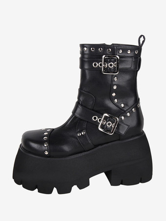 ゴシック ロリータ ブーツ ブラック グロメット メタリック ラウンドトゥ PU レザー ロリータ フットウェア