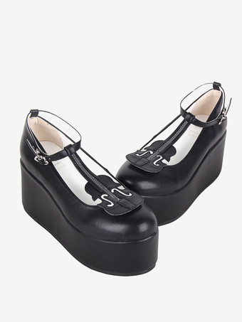 スイートロリータフットウェア ブラック Tストラップ PUレザー ウェッジヒール ロリータシューズ