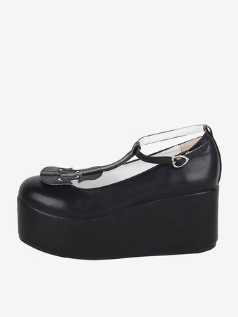 スイートロリータフットウェア ブラック Tストラップ PUレザー ウェッジヒール ロリータシューズ