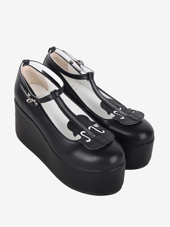 スイートロリータフットウェア ブラック Tストラップ PUレザー ウェッジヒール ロリータシューズ