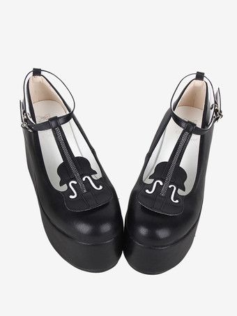 ブラック スイートロリータフットウェア ブラック Tストラップ PUレザー ウェッジヒール ロリータシューズ