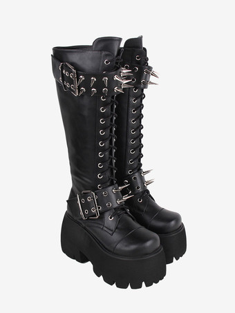 Bottes gothiques Lolita avec œillets noirs rivets bout rond métallique chaussures Lolita en cuir PU