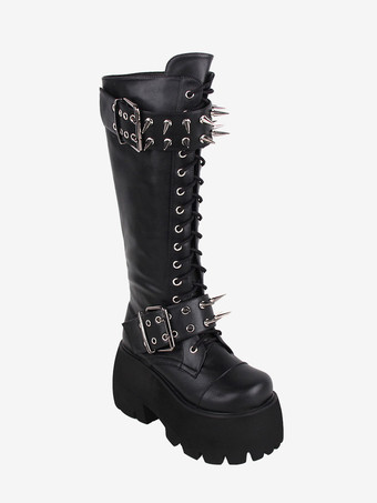 ゴシック ロリータ ブーツ ブラック グロメット リベット メタリック ラウンドトゥ PU レザー ロリータ フットウェア