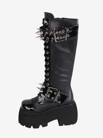 ゴシック ロリータ ブーツ ブラック グロメット リベット メタリック ラウンドトゥ PU レザー ロリータ フットウェア