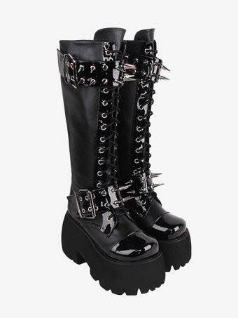 ゴシック ロリータ ブーツ ブラック グロメット リベット メタリック ラウンドトゥ PU レザー ロリータ フットウェア