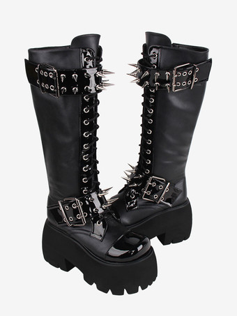 ゴシック ロリータ ブーツ ブラック グロメット リベット メタリック ラウンドトゥ PU レザー ロリータ フットウェア