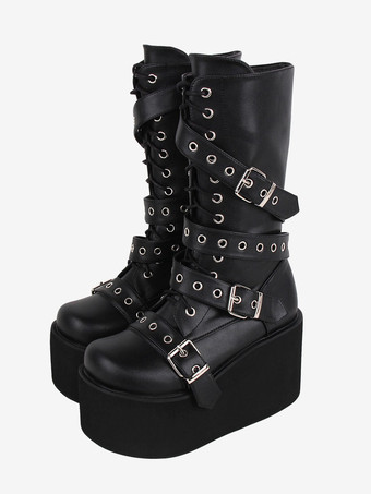 ゴシック ロリータ ブーツ PU レザー メタリック グロメット ラウンドトゥ ブラック ロリータ フットウェア