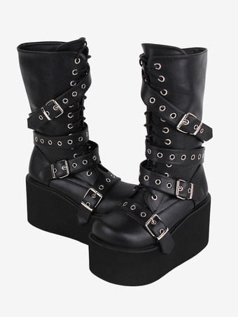 ゴシック ロリータ ブーツ PU レザー メタリック グロメット ラウンドトゥ ブラック ロリータ フットウェア