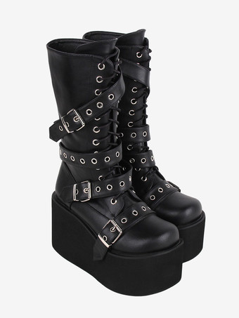 ゴシック ロリータ ブーツ PU レザー メタリック グロメット ラウンドトゥ ブラック ロリータ フットウェア