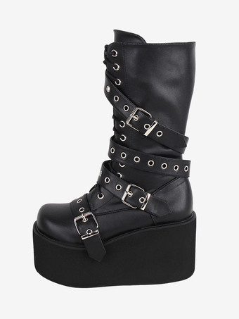 ブラック ゴシック ロリータ ブーツ PU レザー メタリック グロメット ラウンドトゥ ブラック ロリータ フットウェア