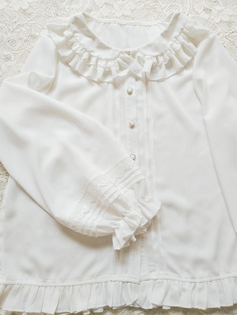スイートロリータブラウス ホワイト 長袖 フリル ロリータトップ ロリータシャツ