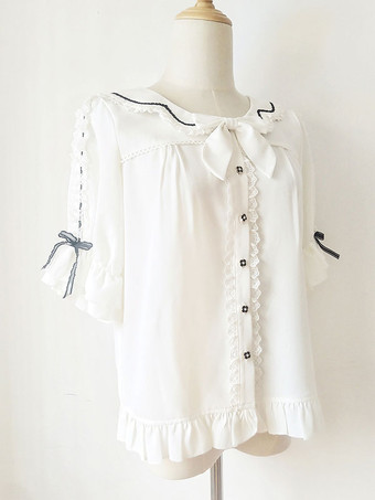 スイートロリータブラウス レースフリル ハーフスリーブブラウス ロリータトップ カラーブロック ブラックロリータシャツ