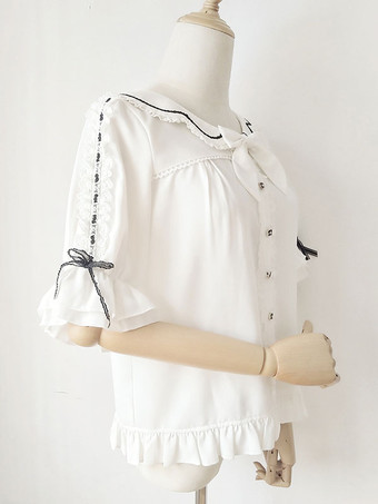 スイートロリータブラウス レースフリル ハーフスリーブブラウス ロリータトップ カラーブロック ブラックロリータシャツ